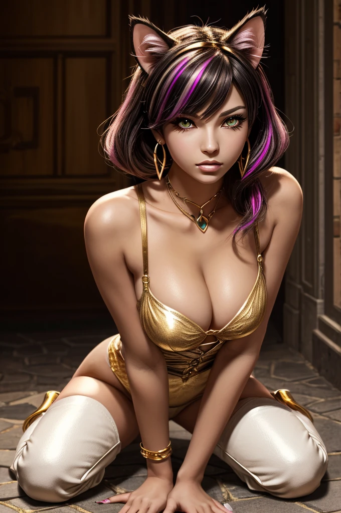 There is lost coliseum there female lionessin seductive pose, she have ebony colour skin beautiful yellow cat eyes dark gold eyeshadows make up, ring style earrings, her hair is purple with pink highlights . she dressed in white neather topic with golden parts on countures also short and white leather straps on her cat legs instead of boots, her hands have hude ruby claws on her fingers, (ultra high quality fantasy art, anime fantasy style, masterpiece, ultra high quality character design, 8k quality anime art, realistic anime art, top quality wallpaper illustration, detailed ultra high quality accurate face, high quality design and accurate physic)