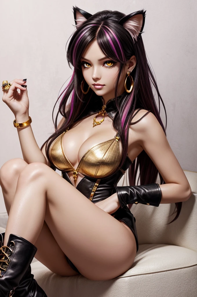 There is lost coliseum there female lionessin seductive pose, she have ebony colour skin beautiful yellow cat eyes dark gold eyeshadows make up, ring style earrings, her hair is purple with pink highlights . she dressed in white neather topic with golden parts on countures also short and white leather straps on her cat legs instead of boots, her hands have hude ruby claws on her fingers, (ultra high quality fantasy art, anime fantasy style, masterpiece, ultra high quality character design, 8k quality anime art, realistic anime art, top quality wallpaper illustration, detailed ultra high quality accurate face, high quality design and accurate physic)