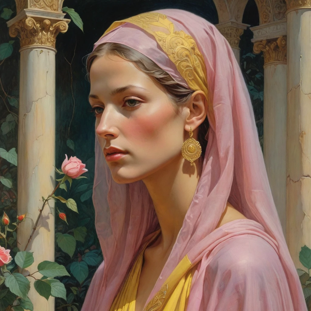 Masterpiece, ((realistic)), (propaganda poster), (((Moebius Jean Giraud))), ((((profile portrait of a veiled roman woman, young, priestess, dignified, wearing pink and yellow robes, detailed moth, rose elements, muted colors)))), (((corinthian columns with moth elements, jungle background, white moths)))