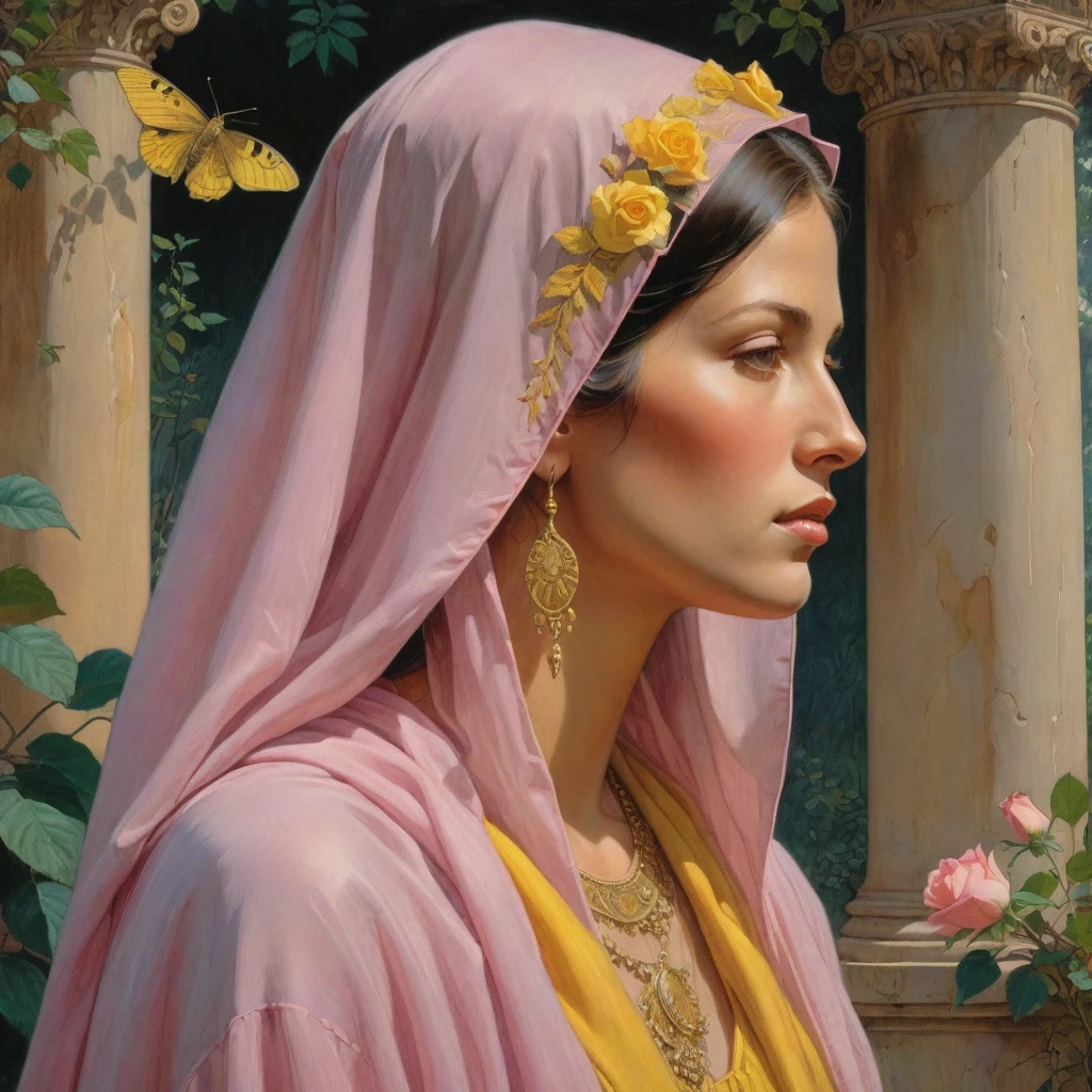 Masterpiece, ((realistic)), (propaganda poster), (((Moebius Jean Giraud))), ((((profile portrait of a veiled roman woman, young, priestess, dignified, wearing pink and yellow robes, detailed moth, rose elements, muted colors)))), (((corinthian columns with moth elements, jungle background, white moths)))