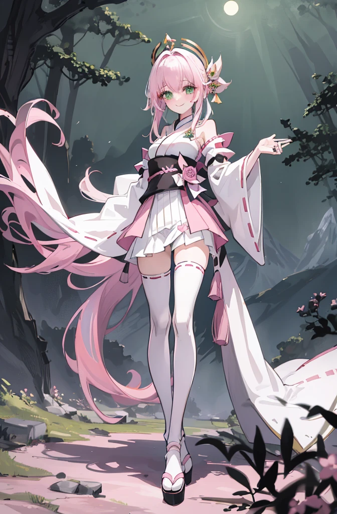 ((A pink-haired)),The hair was long,green eyes,Very long dull hairs,dark city background,white kimono costume,White miko stockings,white mini skirt, night,standing,pink hair,pink hair,forest background,mountain,smile,smile,