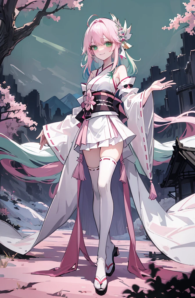 ((A pink-haired))，The hair was long，green eyes,Very long dull hairs，dark city background，white kimono costume，White miko stockings，white mini skirt, night,standing,pink hair,pink hair,forest background,mountain,smile,smile,