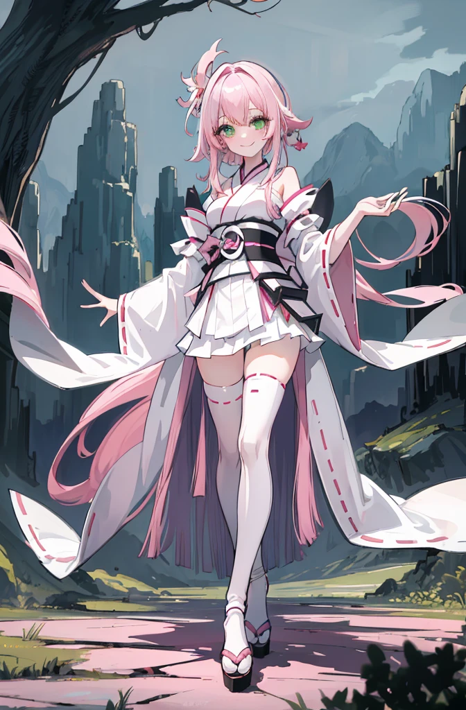 ((A pink-haired)),The hair was long,green eyes,Very long dull hairs,dark city background,white kimono costume,White miko stockings,white mini skirt, night,standing,pink hair,pink hair,forest background,mountain,smile,smile,