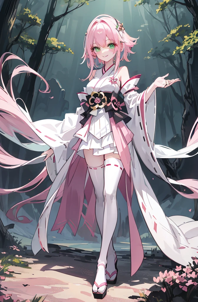 ((A pink-haired))，The hair was long，green eyes,Very long dull hairs，dark city background，white kimono costume，White miko stockings，white mini skirt, night,standing,pink hair,pink hair,forest background,mountain,smile,smile,
