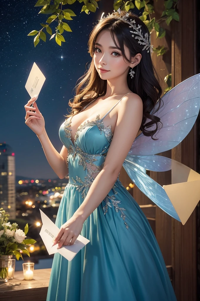 A beautiful fairy holding an envelope, on a beautiful night
