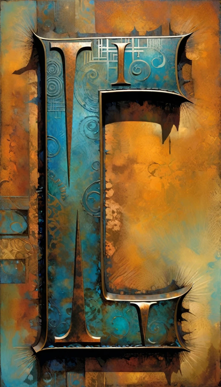 blue rusty metallic letter I, letter: "I" (Dave Mckean inspired art, intricate details, oil painting)
