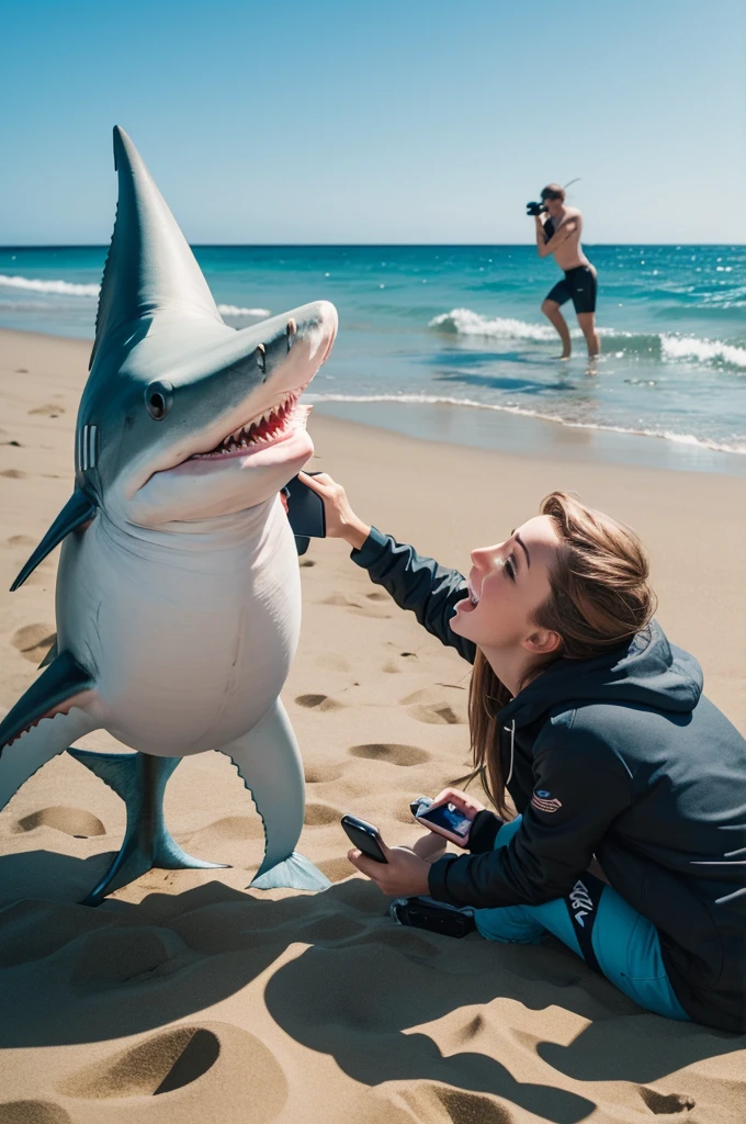 Could you create an image of a fish giving it to a shark and with a phone in the sand? 