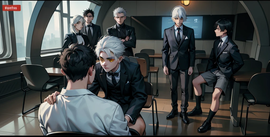 There is a boy sitting with his back turned and several young people in front of him are intimidating. They only have white hair and yellow eyes.