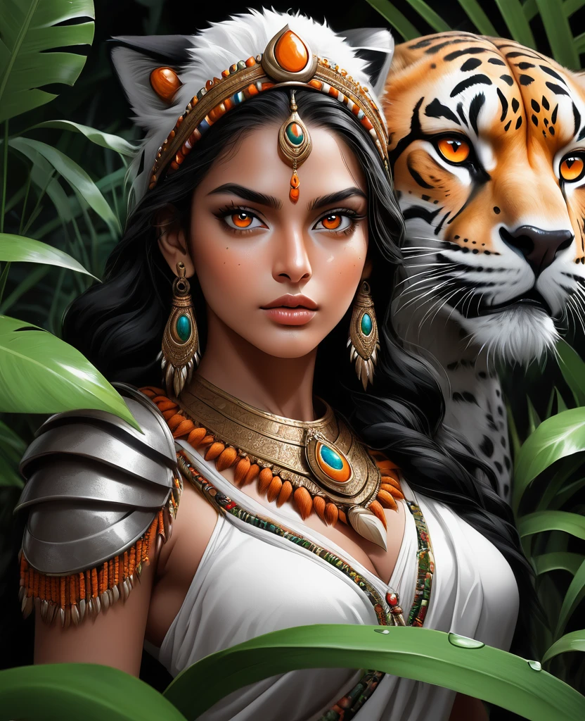 Lush plants，Beautiful Indian girl in Indian costume holding a scepter and a ferocious cheetah in the jungle， Deep orange eyes, black and white, black background, (best quality,4K,8K,high resolution,masterpiece:1.2),Extremely detailed,(Practical,photoPractical,photo-Practical:1.37),Highly detailed animal portraits, Dramatic Lighting, Powerful predator, Intense expression, Fascinating eyes, Smooth spotted fur, muscular, Low angle shot, Close-up view, Minimalist composition, High contrast water drops on leaves