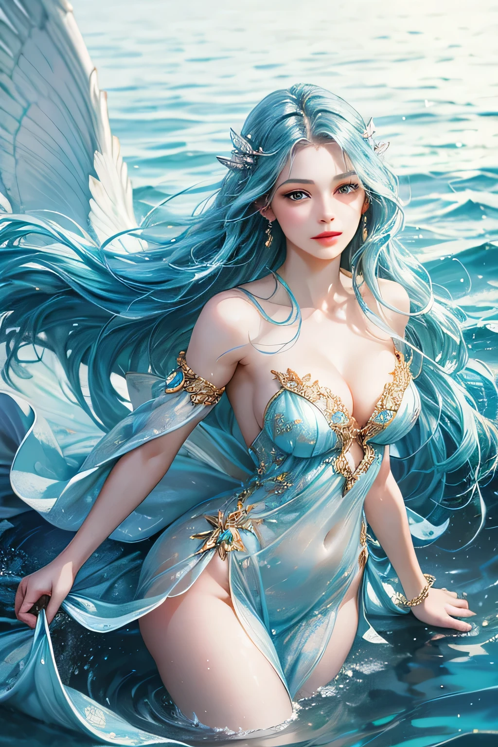 "Create a realistic and enchanting digital illustration of a beautiful female fairy with large, ethereal wings that glisten like flowing water. She should be elegantly dressed in a decent gown that reflects the colors and textures of the ocean. Surround her with dynamic waves and gentle ripples that showcase her control over the element of water. Integrate a distinctive water fairy symbol on her body, signifying her role as the keeper of water and waves, and highlighting the profound aquatic power she possesses within."