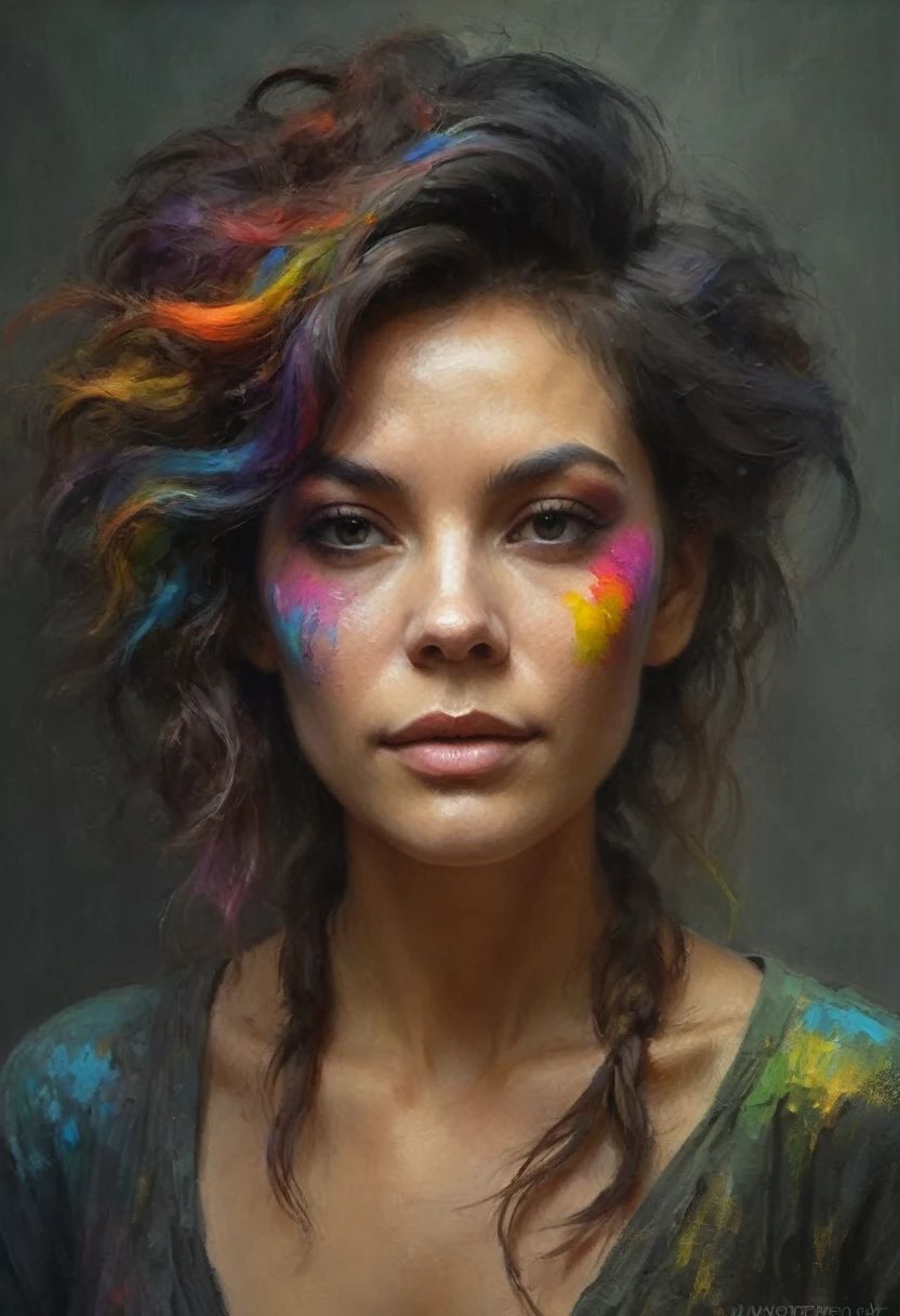 painting of a woman with colored paint on her face and hair, inspired by Michael Komarck, wadim kashin. ultra realistic, inspired by Sam Spratt, by Antoni Pitxot, beautiful digital artwork, by Michael Komarck, tomasz alen kopera and cgsociety, sergey kolesov, stunning digital painting, karol bak uhd