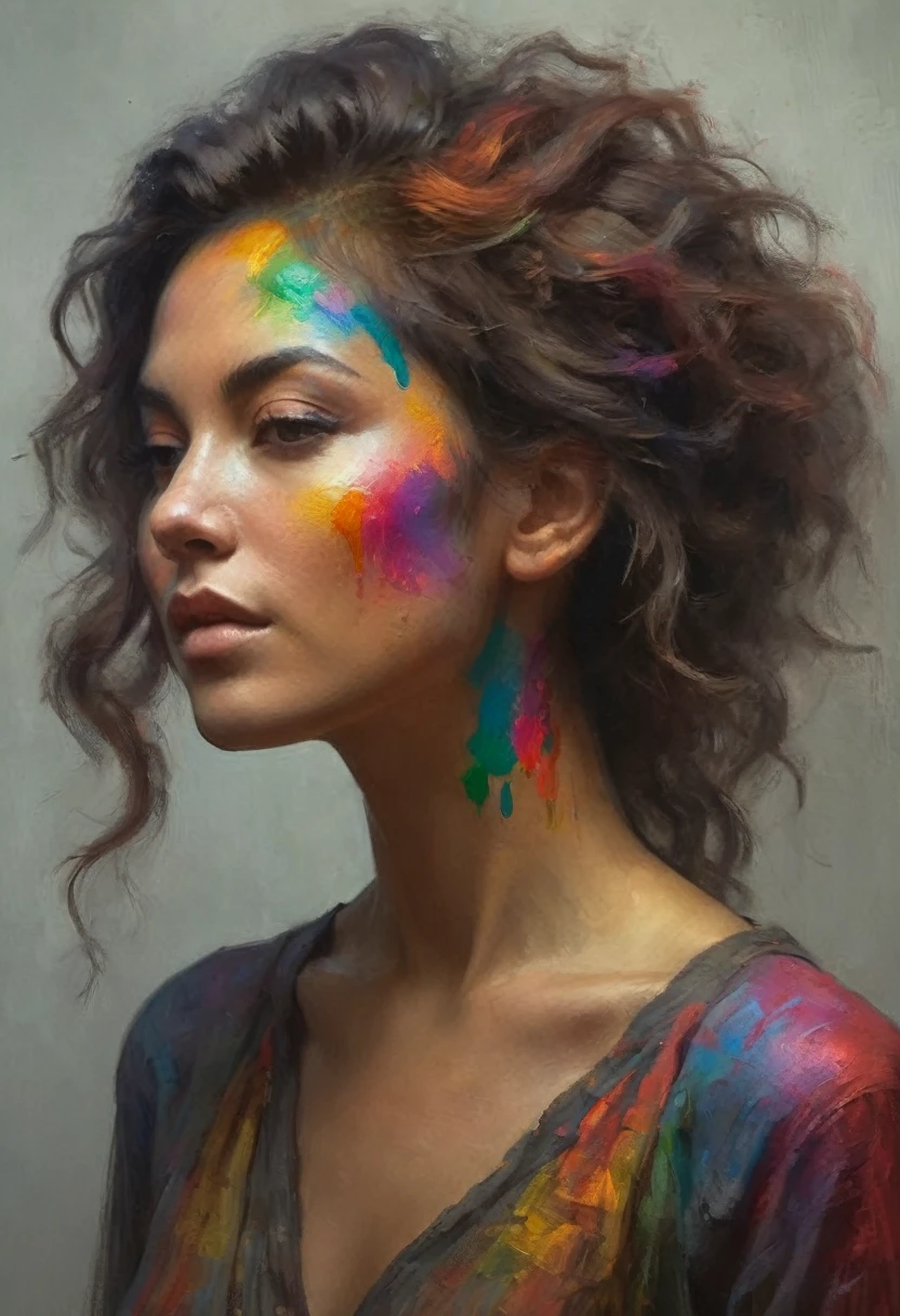 painting of a woman with colored paint on her face and hair, inspired by Michael Komarck, wadim kashin. ultra realistic, inspired by Sam Spratt, by Antoni Pitxot, beautiful digital artwork, by Michael Komarck, tomasz alen kopera and cgsociety, sergey kolesov, stunning digital painting, karol bak uhd