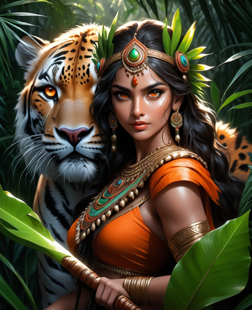 Lush plants，Beautiful Indian girl in Indian costume poses with a scepter and a ferocious cheetah in the jungle， Deep orange eyes, black and white, black background, (best quality,4K,8K,high resolution,masterpiece:1.2),Extremely detailed,(Practical,photoPractical,photo-Practical:1.37),Highly detailed animal portraits, Dramatic Lighting, Powerful predator, Intense expression, Fascinating eyes, Smooth spotted fur, muscular, Low angle shot, Close-up view, Minimalist composition, High contrast water drops on leaves