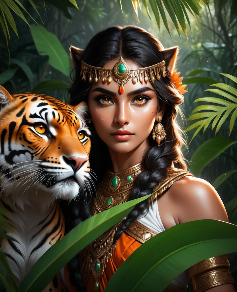 Lush plants，Beautiful Indian girl in Indian costume poses with a scepter and a ferocious cheetah in the jungle， Deep orange eyes, black and white, black background, (best quality,4K,8K,high resolution,masterpiece:1.2),Extremely detailed,(Practical,photoPractical,photo-Practical:1.37),Highly detailed animal portraits, Dramatic Lighting, Powerful predator, Intense expression, Fascinating eyes, Smooth spotted fur, muscular, Low angle shot, Close-up view, Minimalist composition, High contrast water drops on leaves