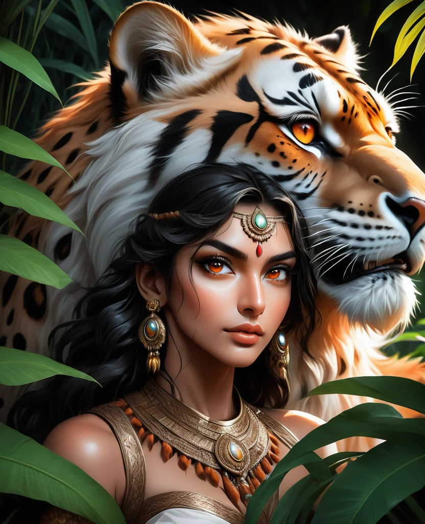 Lush plants，Beautiful Indian girl in Indian costume poses with a scepter and a ferocious cheetah in the jungle， Deep orange eyes, black and white, black background, (best quality,4K,8K,high resolution,masterpiece:1.2),Extremely detailed,(Practical,photoPractical,photo-Practical:1.37),Highly detailed animal portraits, Dramatic Lighting, Powerful predator, Intense expression, Fascinating eyes, Smooth spotted fur, muscular, Low angle shot, Close-up view, Minimalist composition, High contrast water drops on leaves