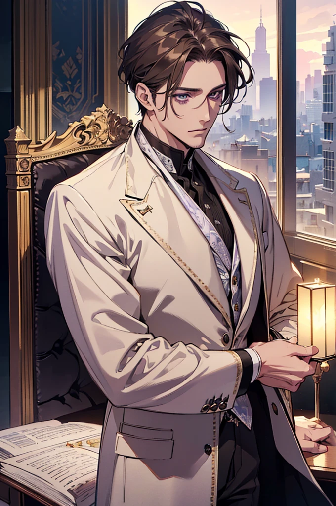 {(Best Quality, 8k, Masterpiece, HDR, soft lighting, Perfect picture, digital illustration, Manga art, Hyper detailed image, perfect lines, realist)} 1 very handsome 40 year old man, short dark blonde hair, violet eyes, luxurious clothing (perfect body)