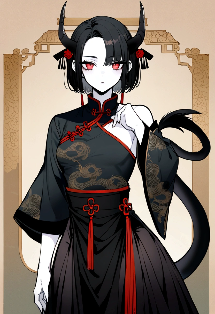 Woman dressed as a man,Dragon Girl,White skin,Big Wings,Black Hair,Red eyes,Short Hair,Black Horn,(黒いチャイナMen's clothing),(Men's clothing),Black Scales,(Black thin tail),Depict the whole body,Chinese clothing for men, Chinese shirt, Hanfu, round cut, stand-up collar, Chinese buttons, Chinese clothing, Chinese clothing,Small breasts