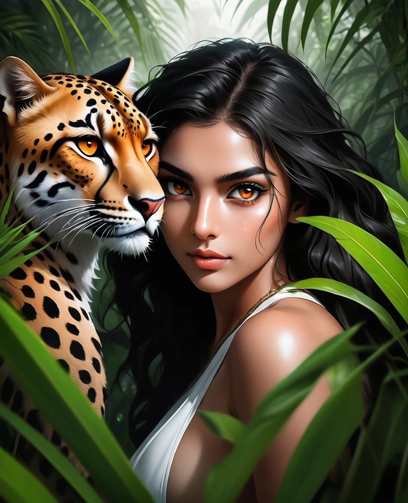 Lush plants，Beautiful Indian girl posing with ferocious cheetah in the jungle， Deep orange eyes, black and white, black background, (best quality,4K,8K,high resolution,masterpiece:1.2),Extremely detailed,(Practical,photoPractical,photo-Practical:1.37),Highly detailed animal portraits, Dramatic Lighting, Powerful predator, Intense expression, Fascinating eyes, Smooth spotted fur, muscular, Low angle shot, Close-up view, Minimalist composition, High contrast water drops on leaves