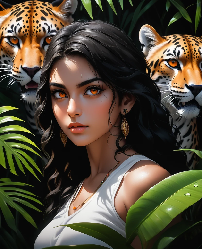 Lush plants，Beautiful Indian girl posing with ferocious cheetah in the jungle， Deep orange eyes, black and white, black background, (best quality,4K,8K,high resolution,masterpiece:1.2),Extremely detailed,(Practical,photoPractical,photo-Practical:1.37),Highly detailed animal portraits, Dramatic Lighting, Powerful predator, Intense expression, Fascinating eyes, Smooth spotted fur, muscular, Low angle shot, Close-up view, Minimalist composition, High contrast water drops on leaves
