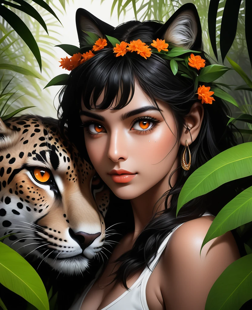 Lush plants,Beautiful Indian girl posing with ferocious cheetah in the jungle, Deep orange eyes, black and white, black background, (best quality,4K,8K,high resolution,masterpiece:1.2),Extremely detailed,(Practical,photoPractical,photo-Practical:1.37),Highly detailed animal portraits, Dramatic Lighting, Powerful predator, Intense expression, Fascinating eyes, Smooth spotted fur, muscular, Low angle shot, Close-up view, Minimalist composition, High contrast water drops on leaves