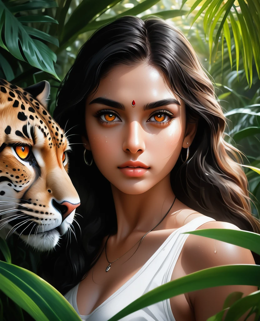 Lush plants,Beautiful Indian girl posing with ferocious cheetah in the jungle, Deep orange eyes, black and white, black background, (best quality,4K,8K,high resolution,masterpiece:1.2),Extremely detailed,(Practical,photoPractical,photo-Practical:1.37),Highly detailed animal portraits, Dramatic Lighting, Powerful predator, Intense expression, Fascinating eyes, Smooth spotted fur, muscular, Low angle shot, Close-up view, Minimalist composition, High contrast water drops on leaves