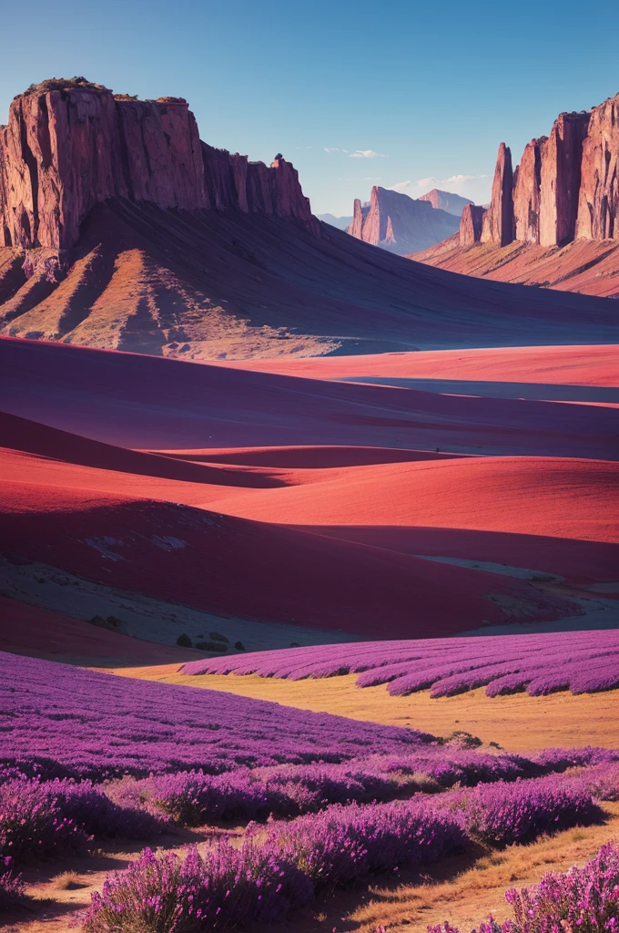 A landscape to paint with red colors, blue and purple.
