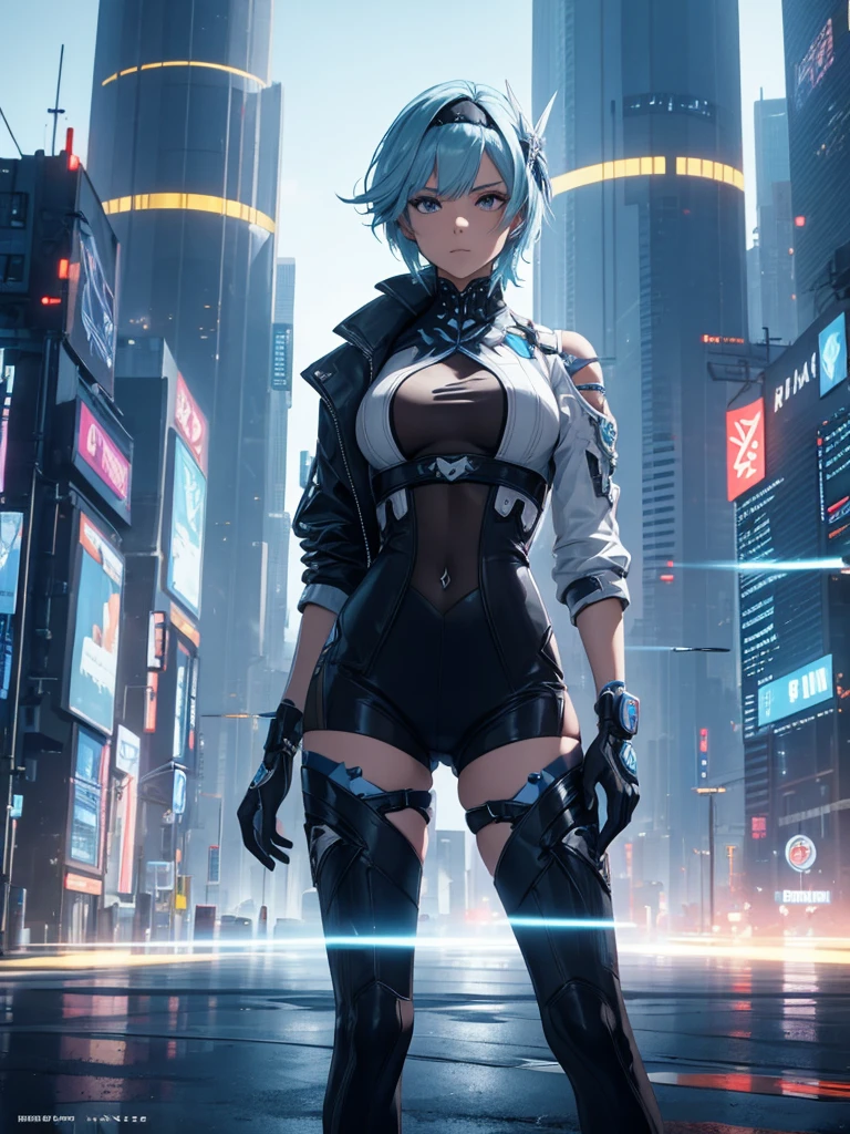 Eula, 1women, wearing a futuristic outfit, cyberpunk outfit, at a future city, cyberpunk look, light blue colour short hair, 8k, high detailed, high quality