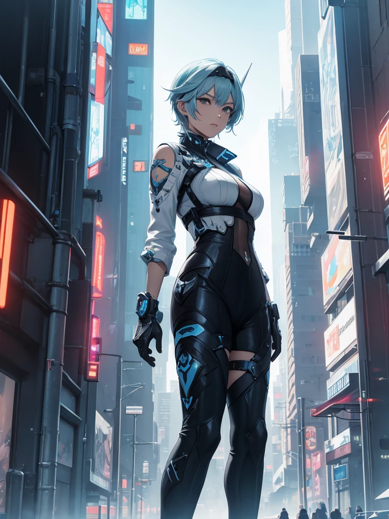 Eula, 1women, wearing a futuristic outfit, cyberpunk outfit, at a future city, cyberpunk look, light blue colour short hair, 8k, high detailed, high quality