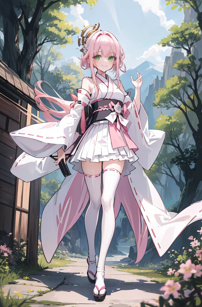 ((A pink-haired))，The hair was long，green eyes,Very long dull hairs，dark city background，white kimono costume，White miko stockings，white mini skirt, night,standing,pink hair,pink hair,forest background,mountain,smile,smile,laugh,