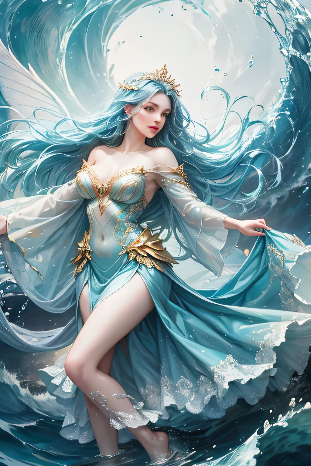 "Create a realistic and enchanting digital illustration of a beautiful female fairy with large, ethereal wings that glisten like flowing water. She should be elegantly dressed in a decent gown that reflects the colors and textures of the ocean. Surround her with dynamic waves and gentle ripples that showcase her control over the element of water. Integrate a distinctive water fairy symbol on her body, signifying her role as the keeper of water and waves, and highlighting the profound aquatic power she possesses within."