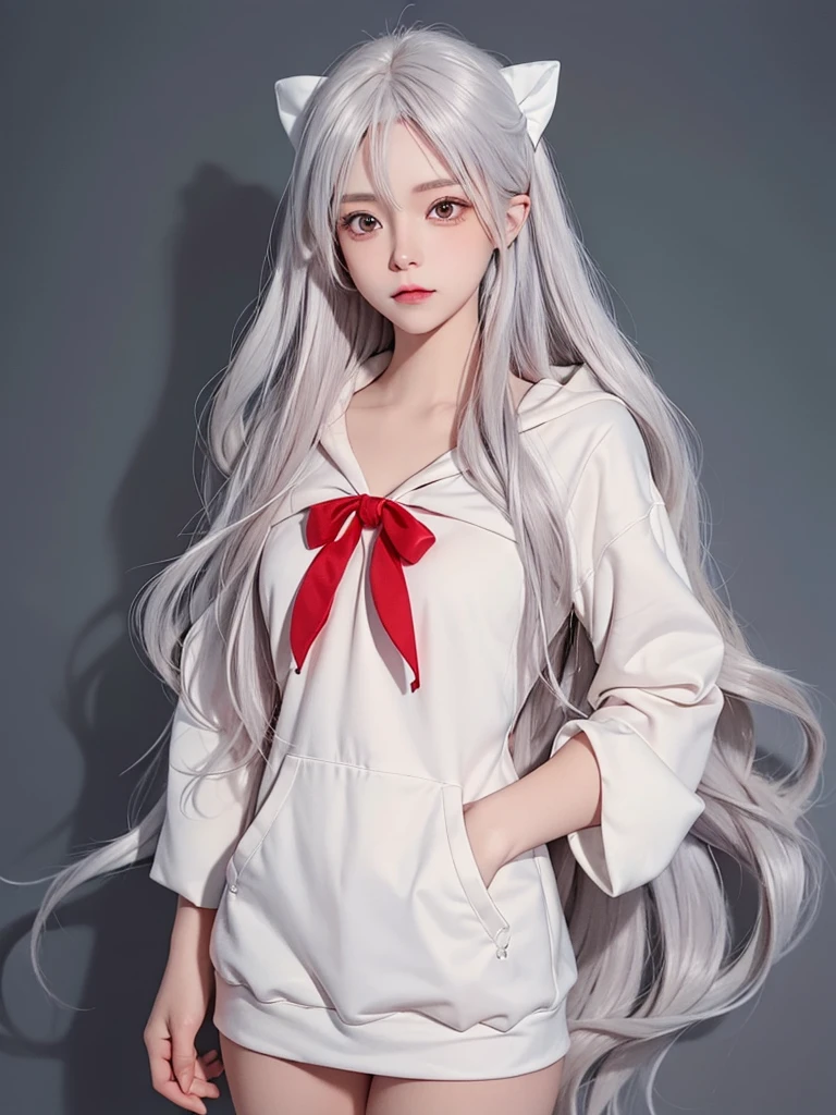 (masterpiece:1.1), (detailed:1.1), ((1girl)), (8k), medium breasts, anime girl with long silver hair, perfect platinum haired girl, seductive anime girl, girl with platinum hair, beautiful anime girl, photorealistic anime, realistic young anime girl, hyper realistic anime, realistic anime 3 d style, attractive anime girl, smooth anime cg art, anime girl, beautiful anime woman, silver haired, (brown eyes), (red bow), (cute face), rosy cheeks, (detailed face), (detailed eyes), (look like sinestrea arena of valor), (sinestrea from arena of valor), (beautiful face), full body shot, skin white, (eye left blue), (eye right brown), (oversized hoodie), oversized_hoodie_e