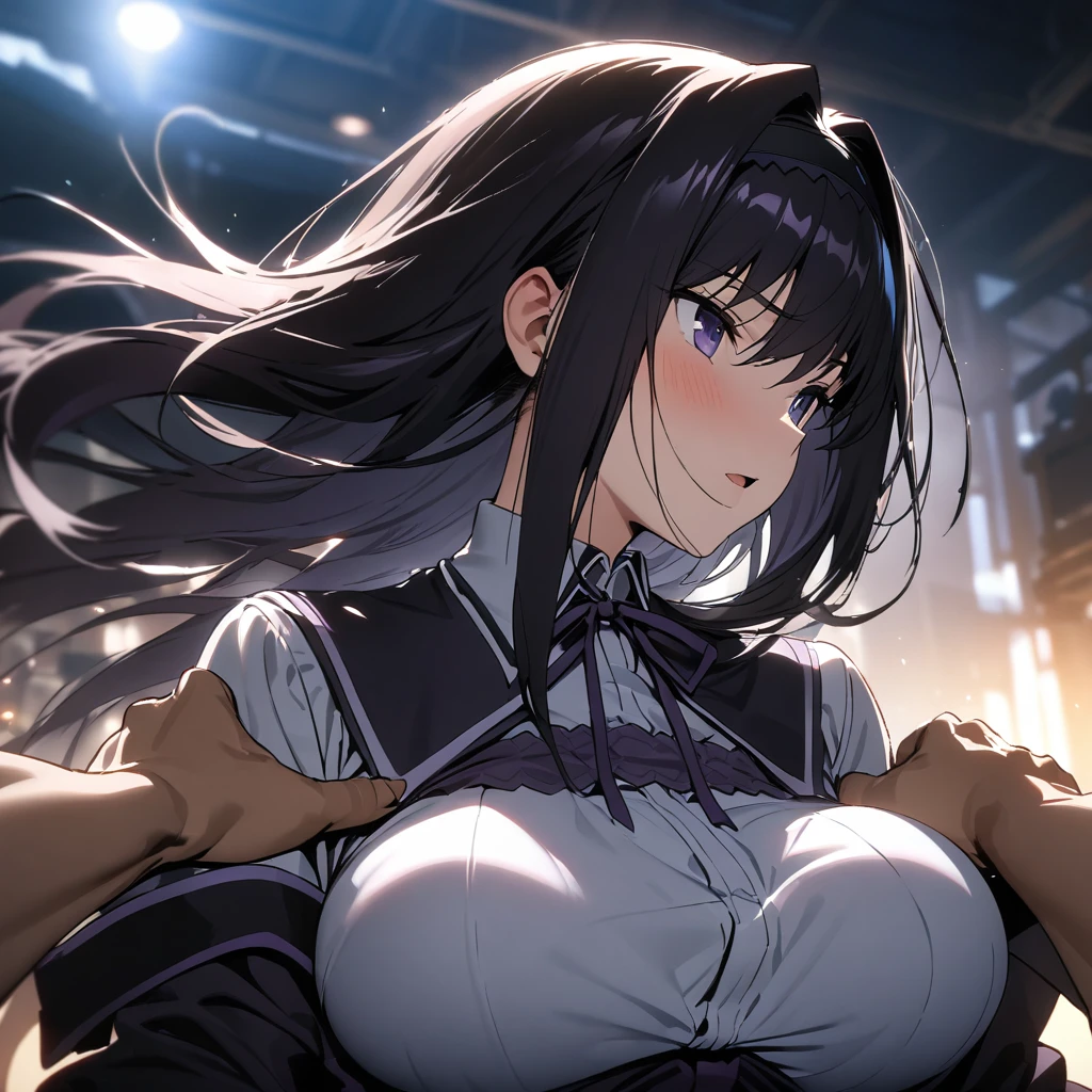 (Akemi homura), (cinematic lighting), (( girl, pov, hetero, )), flying hair, (masterpiece, best quality, ultra detailed), (breast expansion, ), 