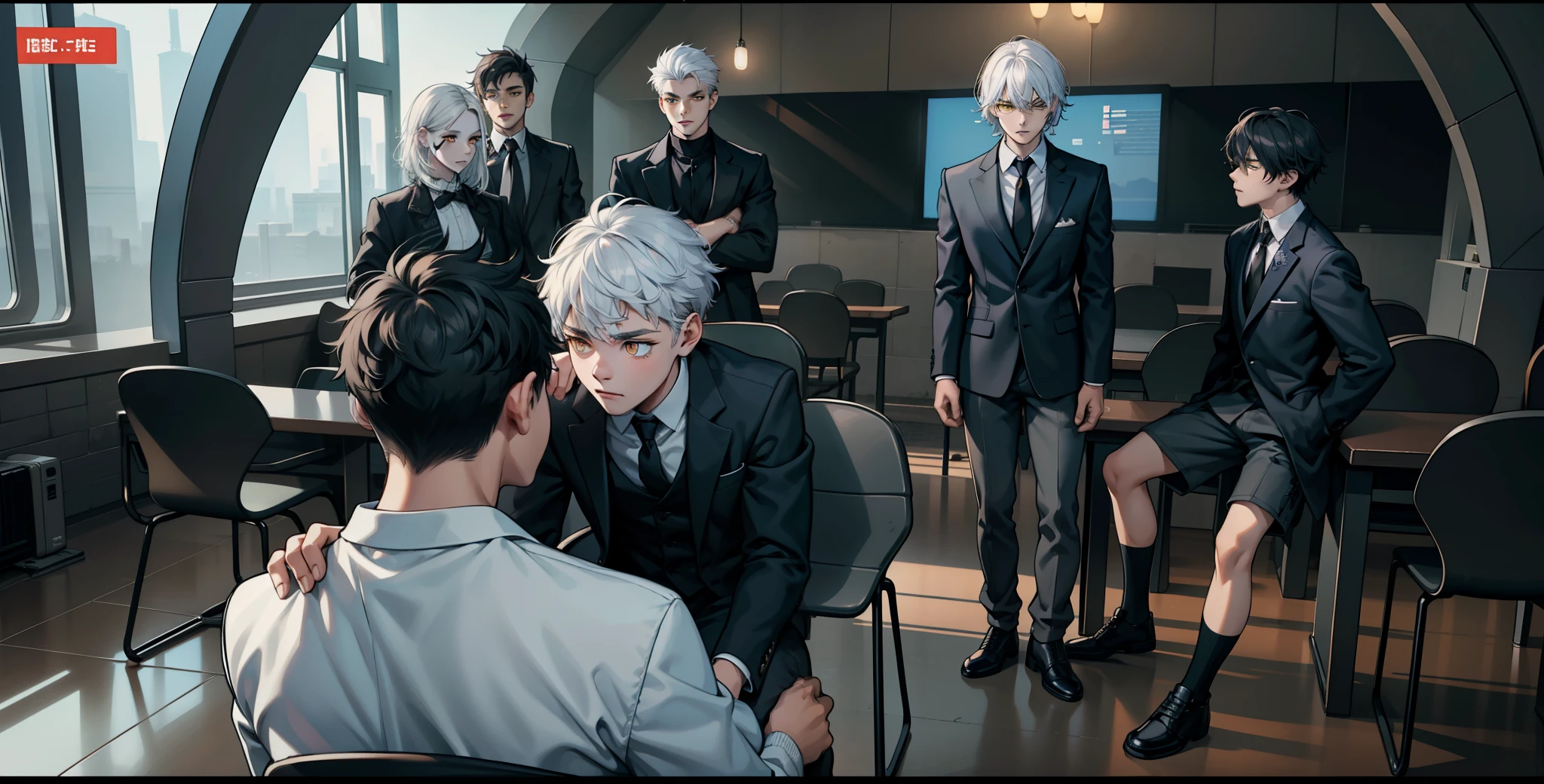 There is a boy sitting with his back turned and several young people in front of him are intimidating. They only have white hair and yellow eyes.