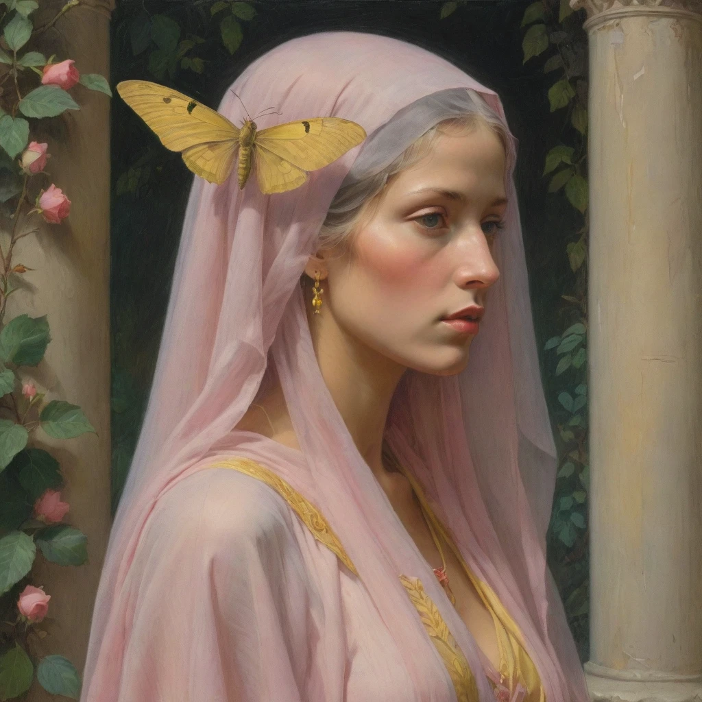 Masterpiece, ((realistic)), (propaganda poster), (((Moebius Jean Giraud))), ((((profile portrait of a veiled roman woman, young, priestess, dignified, wearing pink and yellow robes, detailed moth, rose elements, muted colors)))), (((corinthian columns with moth elements, jungle background, white moths)))
