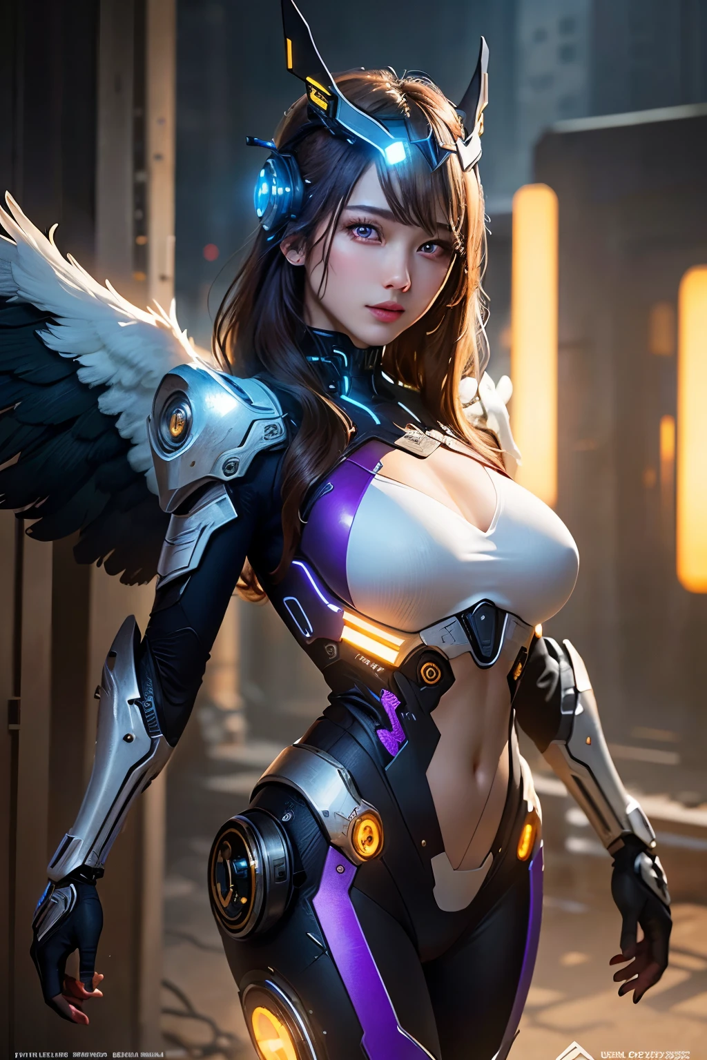 masterpiece, (Photorealistic:1.4), RAW Photos, Cyborg Angel, Large metal wings, White porcelain body, Gray Hair, Glowing Skin, 1 Cyborg Girl, ((Ultra-Realistic Details)), Global Illumination, Shadow, Octane Rendering, 8K, Super sharp, Character edge light, Huge boobs, Intricate decorative details, Details of Sumerian hydraulic cylinders, Small LED Lamp, Very intricate details, Realistic Light, Purple eyes, Shining Eyes, To the camera, Neon Details, Cowboy Shot, Futuristic headgear, cyber punk