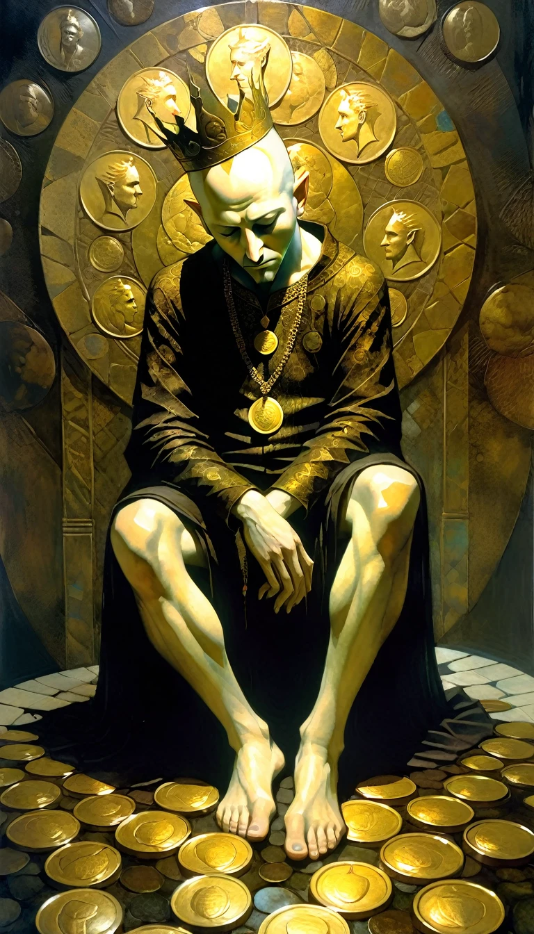 a king covers himself with four giant gold coins, covers his feet, body and head with the coins (art inspired by Dave Mckean, intricate details, oil painting) (Dave Mckean inspired art, intricate details, oil painting)