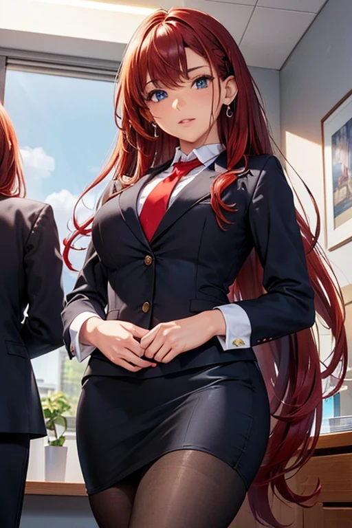 #Basics A girl is posing for a photo, animeのかわいい女の子, (((One Girl, Baby Face, Young girl, 16 years old))), 
BREAK 

#Clothing Accessories 
(Matte blue suit : (Suit jacket) + Clean white blouse + Slim pencil skirt + (Red tie)), (Sheer black pantyhose + Black High Heels), 
(Silver Necklace, silver earrings), 
BREAK 

#Features 
((bright red hair:1.4), (Chest-length sideburns + Curly hair), (Long Hair : Very long hair + Curly Hair + Curled up + Plump and voluminous)), 
(Droopy eyes,blue eyes), (Small breasts), (Tanned, very dark skin), 
BREAK 

#background environment 
((noon, Sunshine + Office in a modern building)), 
#Facial Expression Pose
(smug face, Confident and calm pose), 
#composition 
((Face the camera, from below, Cowboy Shot)), 
BREAK 

#Body parts elements 
(Symmetrical facial features, Beautiful face with attention to detail), 
(Detailed hair, Beautiful Hair, Shiny Hair), 
(double eyelid, Long eyelashes), 
(Expression of fine eyes, Beautiful and delicate eyes, Sparkling eyes, Eye Reflexes), 
(Human Ear), 
(Beautiful Nose, Thin Nose), 
(Glossy lips, Beautiful Lips, Thick lips), 
(Detailed skin, Textured skin, Beautiful Skin), 
BREAK 

#Quality 
(((Highest quality)), ((masterpiece)), ((Very detailed))), ((High resolution), (16K,1080P)), 
(Realistic), (Anatomically correct), 
((comics, anime)), (3DCG), CG illustration,
