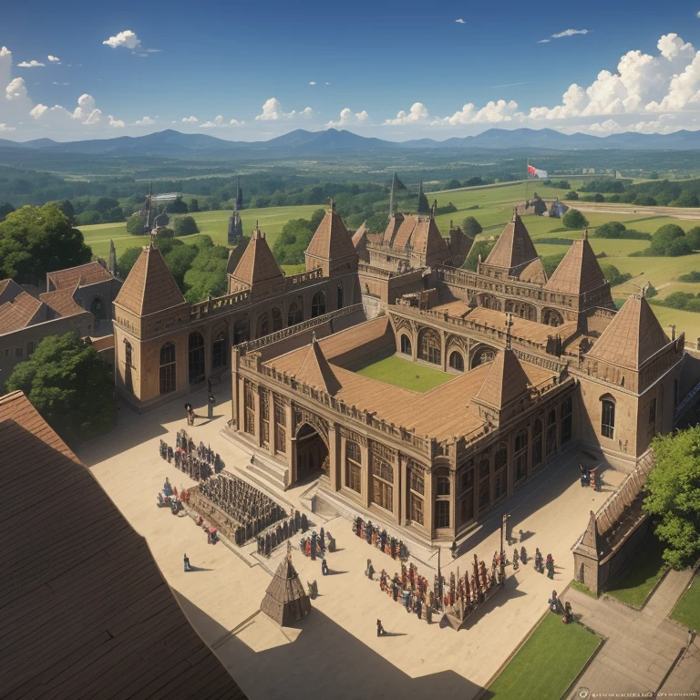 A detailed medieval combat arena, observation towers, wooden stands full of spectators, flags and banners in the wind, environment illuminated by sunlight, detailed artwork, epic fantasy style, digitl art.