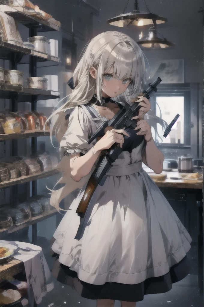 1 maid girl, holding assault rifle, machine gun, kitchen,
