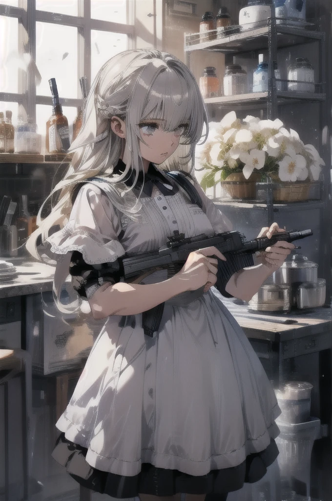 1 maid girl, holding assault rifle, machine gun, kitchen,
