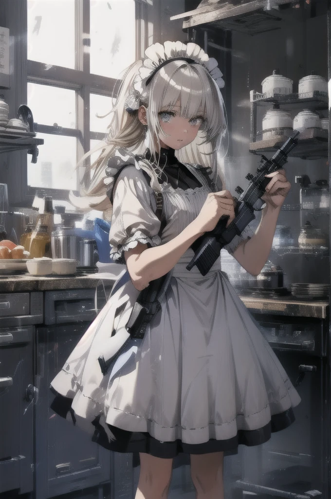 1 maid girl, holding assault rifle, machine gun, kitchen,
