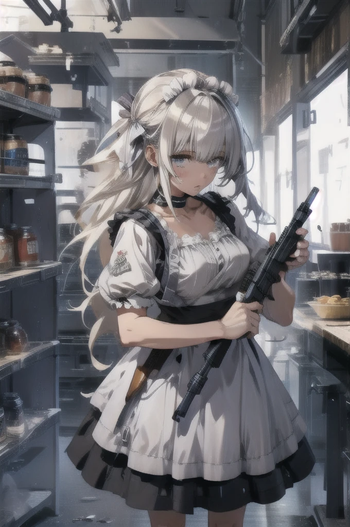 1 maid girl, holding assault rifle, machine gun, kitchen,
