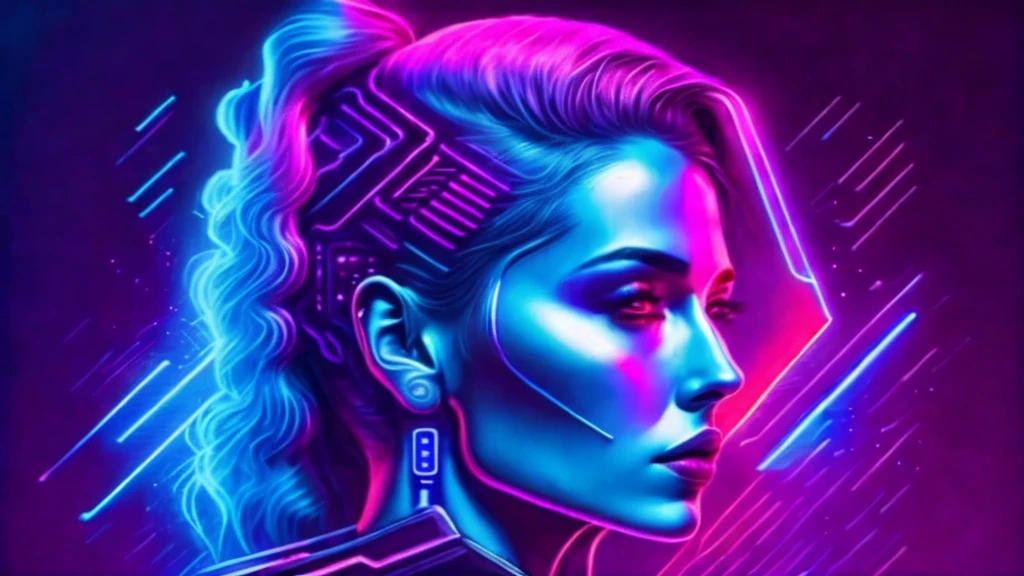a woman with bright blue hair and a pink jacket, Pink and blue mohawk hairstyle, ultraviolet and neon colors, portrait color glamour, cyberpunk style cor, cyberpunk vibrant colors, pink and blue neon, vibrant fan art, neon cyberpunk vibrant colors, neon cyberpunk cores, cores synthwave!!, pop and vibrant colors, dark neon punk, Estilo Synthwave, 8K Vibrant Neon ColorsTechnological Advances,brain-computer interface,floating board,exoskeleton armor,dark and sandy streets,Fully immersive virtual reality,Scathing comments on society,Shimmering cybernetic tattoos,Futuristic cyberspace,glitchy digital effects,AI virtual assistant,Hacker's Lair,multicolored LED lights,Nighttime precipitation,Explosive action scenes,Hidden Underground Rebel Base,Android companions。