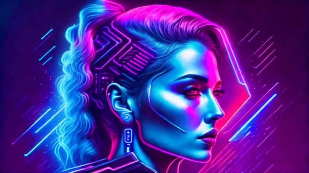 a woman with bright blue hair and a pink jacket, Pink and blue mohawk hairstyle, ultraviolet and neon colors, portrait color glamour, cyberpunk style cor, cyberpunk vibrant colors, pink and blue neon, vibrant fan art, neon cyberpunk vibrant colors, neon cyberpunk cores, cores synthwave!!, pop and vibrant colors, dark neon punk, Estilo Synthwave, 8K Vibrant Neon ColorsTechnological Advances,brain-computer interface,floating board,exoskeleton armor,dark and sandy streets,Fully immersive virtual reality,Scathing comments on society,Shimmering cybernetic tattoos,Futuristic cyberspace,glitchy digital effects,AI virtual assistant,Hacker's Lair,multicolored LED lights,Nighttime precipitation,Explosive action scenes,Hidden Underground Rebel Base,Android companions。