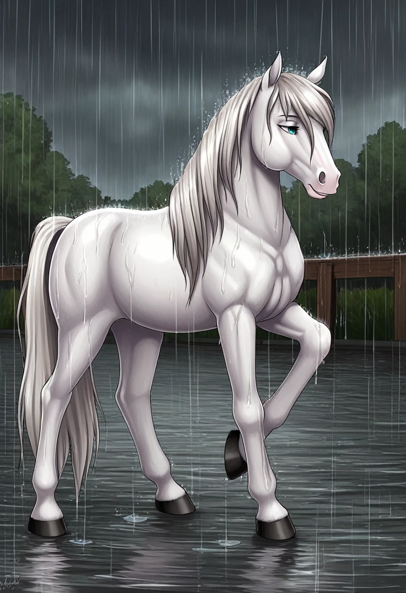 girl on a white horse, rain