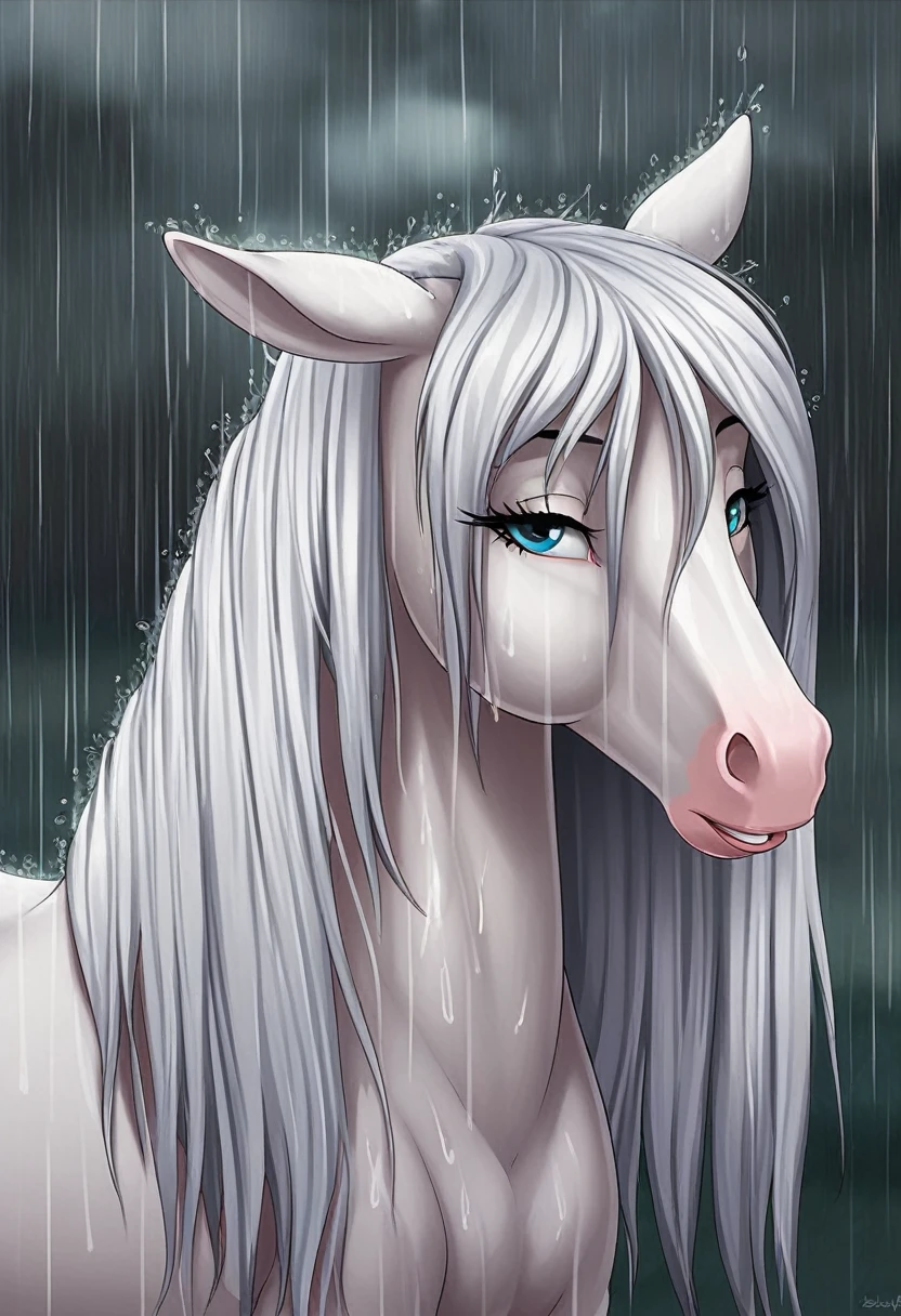 girl on a white horse, rain