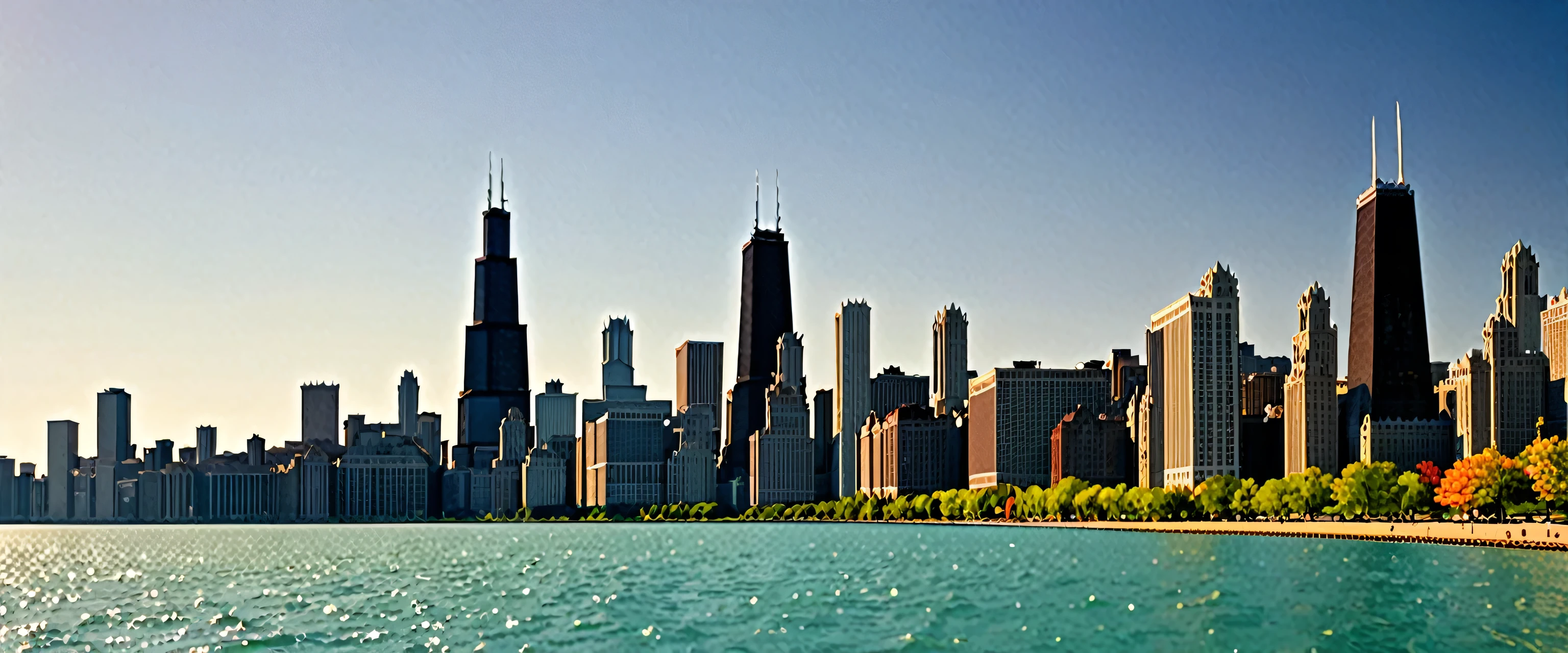 I want a piece of art that represents the city of Chicago and a view of Lake Michigan. the style should be realistic with an impressionism approach. I will use bright and warm colors, with soft and organic textures. the composition will be centered with the buildings facing the lake. the environment must transmit tranquility and wonder, with natural lighting showing long shadows and golden highlights. the setting is the city of chicago. representing a summer afternoon today. format and resolution 350 dpi, aspect ratio 3:4 32x24.