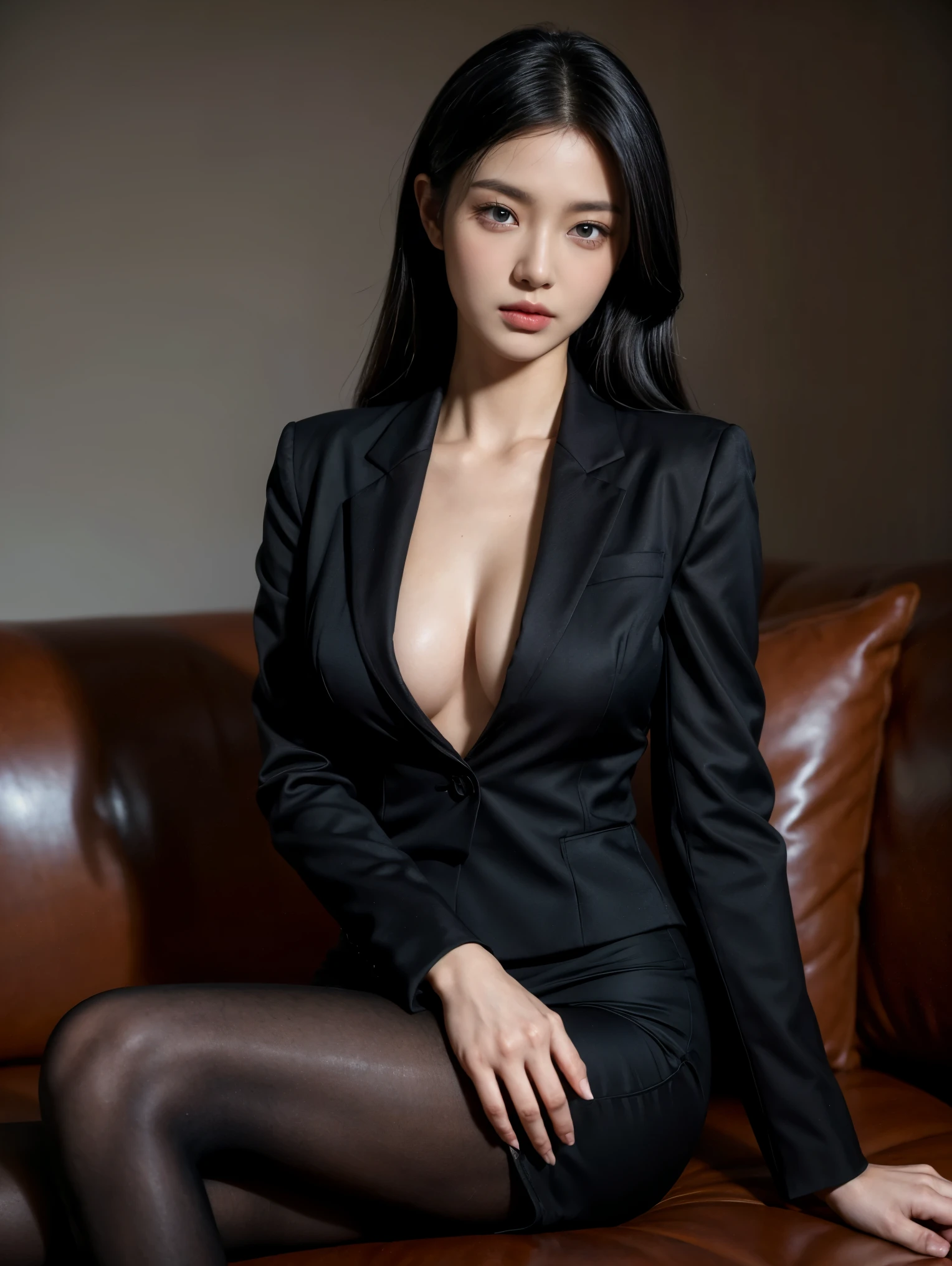 (((Masterpiece))), couch, office, (((Best Quality: 1.4))), ((Super Detail: 1.4)), hyper detailed gouache painting of a female Tiefling, gorgeous exotic features, amber neon eyes:1.5, long black hair, hyper detailed face features, expressivo face, detailed textures, blue skintone, natural skin shader, volumetrics, warm undertones under her skin, ultra High resolution, pair skin, korean, black hair, cute face, full perfect body, large , rounded , wear suit, tight suit, A tailored black pencil skirt paired with a crisp white blouse, Completing the ensemble, a fitted black blazer,  sleek black pumps, ((looking at viewer)), 8k, anatomically correct, (dynamic lighting)