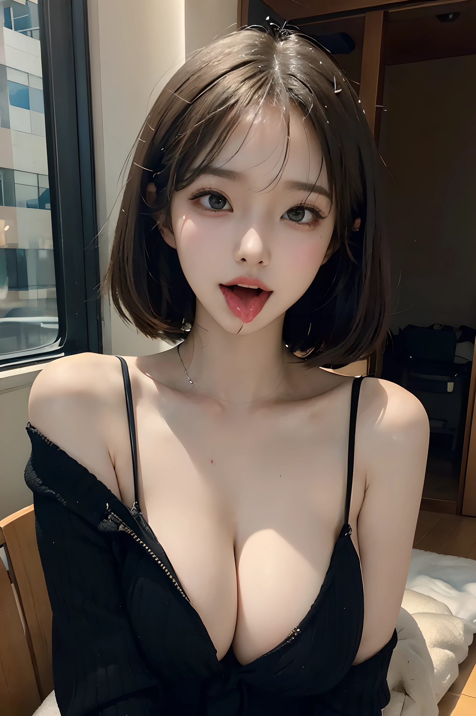 ((high resolution)), ((best quality)), ((masterpiece)), (detailed), 1 woman, off shoulder sweater, sexy bikini under sweater, holding a masturbator, ((ahegao)), ((sticking out tongue)), ((drooling)), large amount of saliva, ((rolling eyes)), beautiful, perfect beauty,