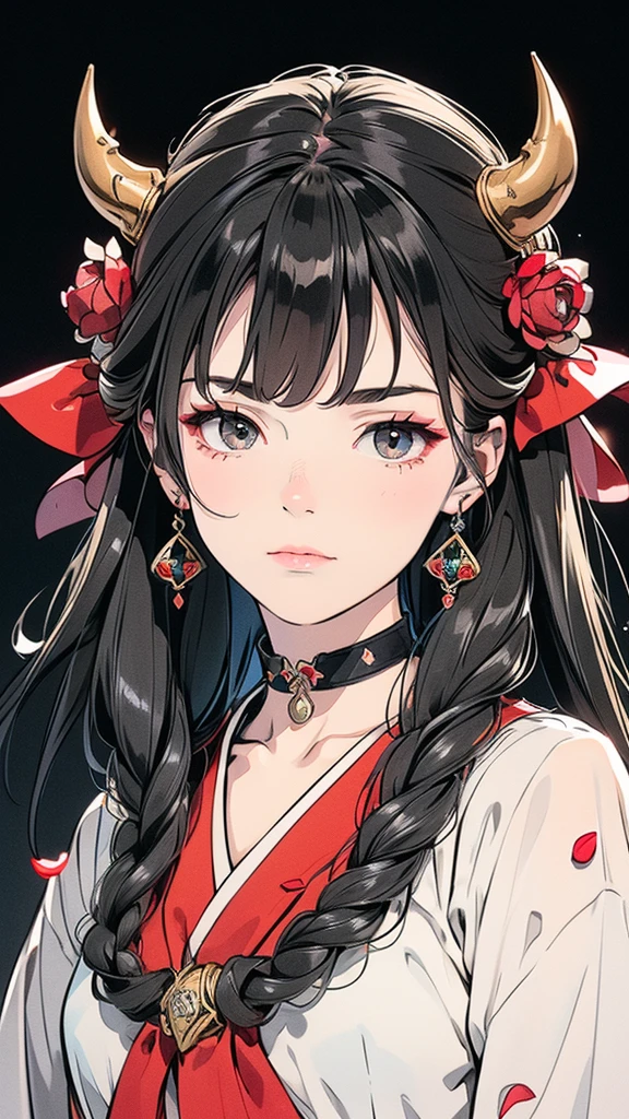 Seven Rhaeyar (Deylta), Ancient Star goddess, Perfect female anatomy (Royalty, Adult Female, 166cm in height, Cool pale skin, slim, slender, 34D breast size, Long Jet Black Hair, Gray Colored Iris , a set of Jet black colored horns on her head), Neutral facial expression, Elegant black uniform dress, female choker accessory with silver complimentary jewelry, dragon motifs, Black rope accessories, Simple Black Background, receiving light from the front, Slightly focusing on her face up close, Ethereal glow, Red Rose petals falling, Japanese inspired